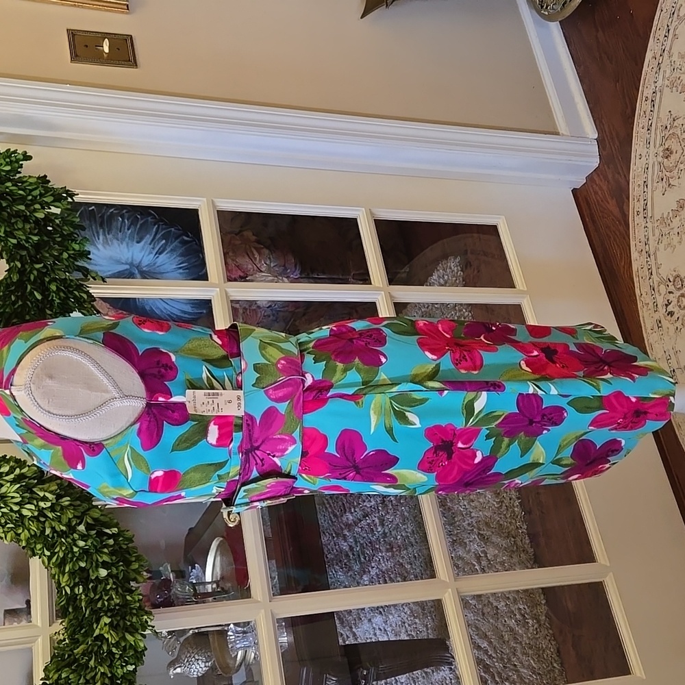 DRESSBARN Floral Sleeveless Dress Belt sleeveless pleats aqua fuchsia 6 New - Picture 3 of 8